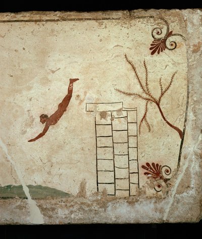 Taucher springt von einem Turm ins Meer, eine Allegorie von Erich Lessing