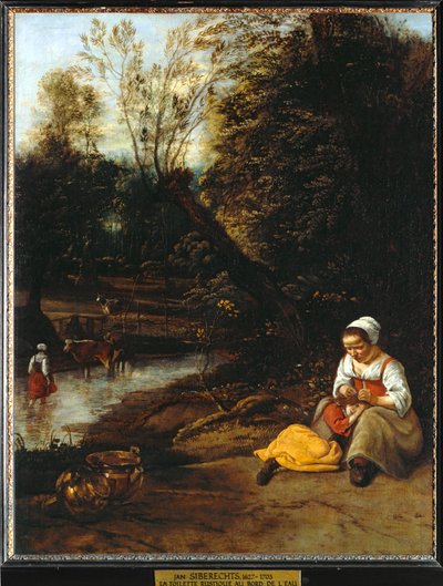 Frau, die ein Mädchen am Wasser entlaust von Erich Lessing