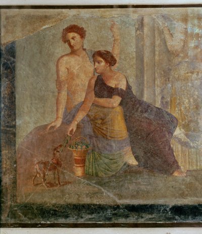 Fragment einer Wandmalerei aus Pompeji: mystische Szene von Erich Lessing