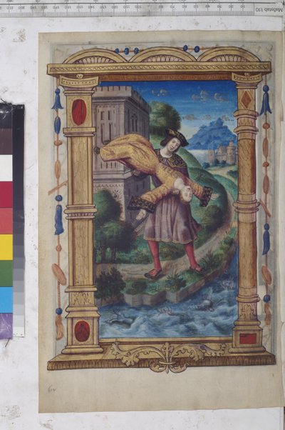 Vollseite: Miniatur in einem architektonischen Rahmen: Ein Jüngling wirft eine Frau ins Meer, um 1504-1507 von Erich Lessing