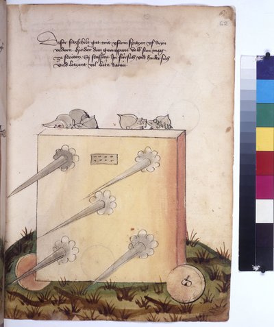Ganzseitig: Mobiler Wachturm, mit Speeren und Soldaten in Rüstung dahinter, um 1430 (farbige Federzeichnung) von Erich Lessing