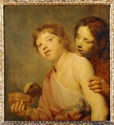 Junge Männer, die eine Pfeife an einem Kohlenbecken anzünden. Allegorie von Erich Lessing