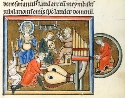 König David spielt eine Psalter, begleitet von Tuba-, Orgel- und Zimbelspielern von Erich Lessing