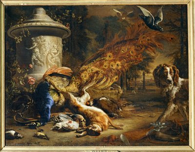 Stillleben mit Pfau und Hund von Erich Lessing