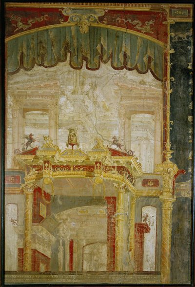 Szenografische Wanddekoration mit fantastischer Architektur und Vorhang, eine römische Erfindung von Erich Lessing
