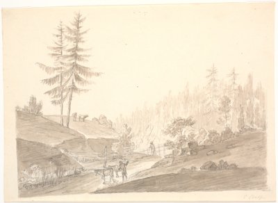 Norwegische Berglandschaft mit Vieh und zwei Männern von Erik Pauelsen