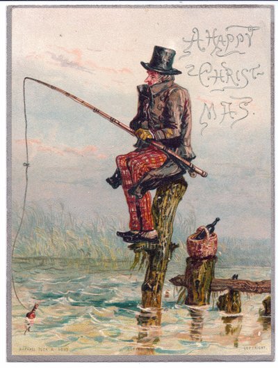 Viktorianische Weihnachtskarte von einem viktorianischen Mann, der auf einem Baumstumpf sitzt und angelt, ca. 1880 von Ernest Henry Griset