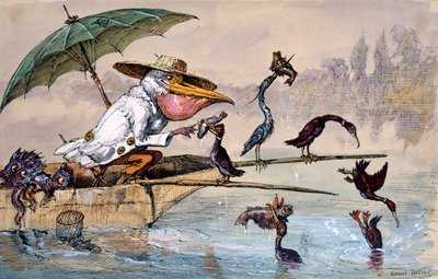 Kormorane präsentieren einem Pelikan Fisch in einem Kahn unter einem Regenschirm, ca. 1864-1907 von Ernest Henry Griset