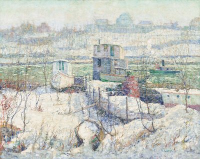 Bootshaus, Winter, Harlem River, um 1916 von Ernest Lawson