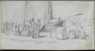 Skizzenbuch, Seite 50: Boote, Figuren, Fracht am Strand von Ernest Meissonier