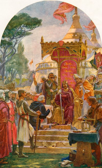 König Johann gewährt die Magna Carta in Runnymede, am Ufer der Themse nahe Windsor, England, 15. Juni 1215. Aus Cassell