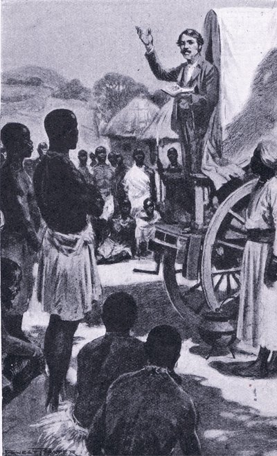 Predigen zu den Makololo: Livingstone, Illustration aus Cassells Romance of Famous Lives, ca. 1940 von Ernest Prater