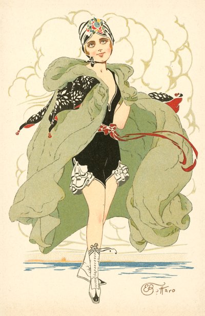 Hübsches Mädchen im fransigen Badeanzug und Umhang von Ernesto Bottaro