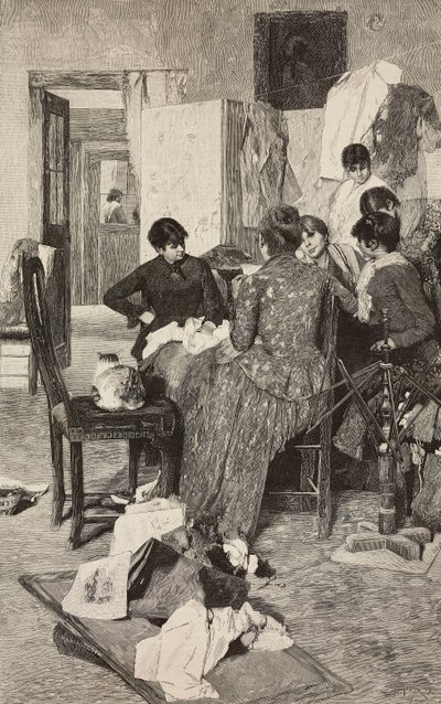 El me dise la so rossa, Frau liest Brief, nach einem Gemälde von Giacomo Favretto, Gravur von Ernesto Mancastropa aus L