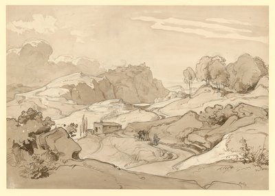 Italienische Landschaft mit Felsenhügeln und Bäumen, am Weg eine Hütte und figürliche Staffage von Ernst Fries