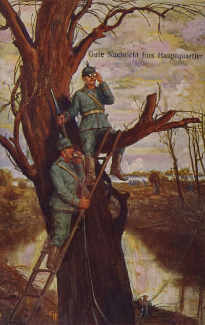 Gute Nachrichten für das Hauptquartier, deutsche Soldaten beobachten das Schlachtfeld und berichten dem Hauptquartier über ein Feldtelefon, Erster Weltkrieg, 1915 von Ernst Heilemann