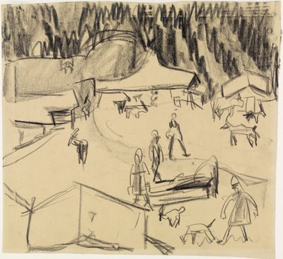 Gebirgsdorf (Staffelalp) mit Hirten und Ziegen von Ernst Ludwig Kirchner