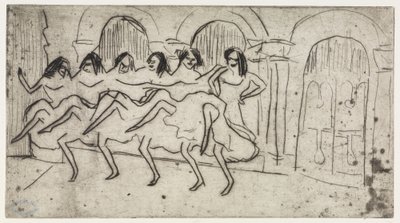 Liegende Lotte auf Kissen / Sechs Tänzerinnen vor Bogendekoration - Englisches Ensemble von Ernst Ludwig Kirchner