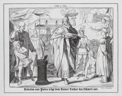 Herzog Boleslaw III. von Polen trägt das kaiserliche Schwert auf dem Kongress von Merseburg mit dem Heiligen Römischen Kaiser von Ernst Sigmund Kirchbach