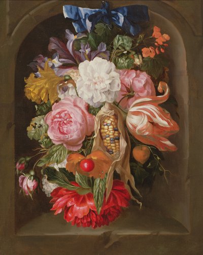 Ein Stillleben mit einem Maiskolben, Rosen, einer Papageientulpe, Schwertlilien und anderen Blumen, die an einem blauen Band in einer Steinnische hängen von Ernst Stuven