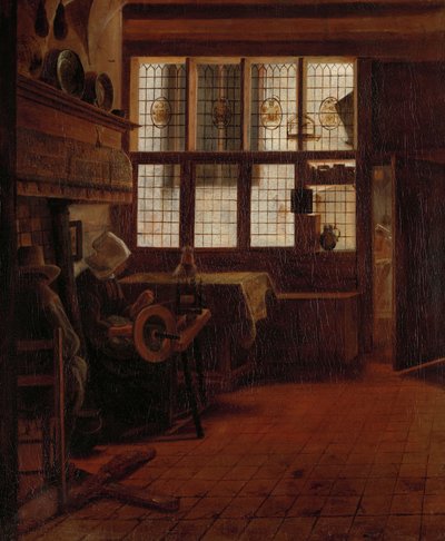 Innenraum mit Frau am Spinnrad von Esaias Boursse