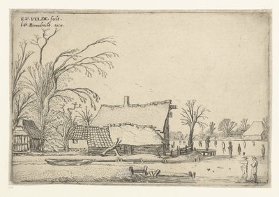 Bauernhof bei gefrorenem Fluss mit Schlittschuhläufern von Esaias van de Velde