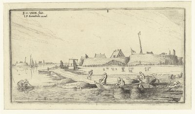 Ruderboote mit Fischern vor einer Festung an der Schelde von Esaias van de Velde