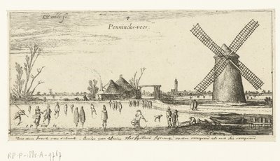 Schlittschuhläufer auf dem Eis bei einer Mühle in der Nähe von Penningsveer von Esaias van de Velde
