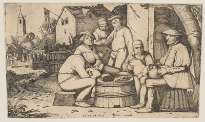 Sechs Bauern benutzen ein Fass als Tisch von Esaias van den Velde I