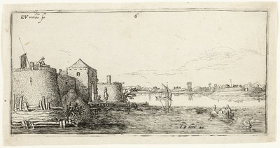 Zehn Landschaften: Umwallte Flussstadt links eines Flusses von Esaias van den Velde I