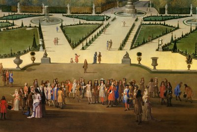 Spaziergang von Ludwig XIV. (1638-1715) mit Blick auf das nördliche Parterre in den Gärten von Versailles (Detail) von Etienne Allegrain