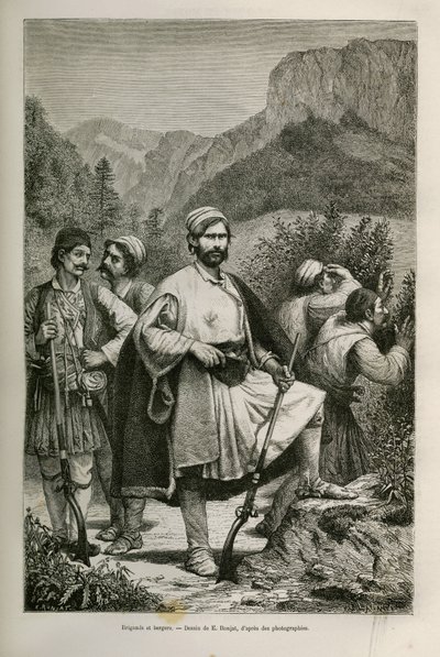 Griechische Banditen und Hirten, Komplizen in den Bergen, Zeichnung von E. Ronjat, zur Illustration der Geschichte von Henri Belle: Reise nach Griechenland von Etienne Antoine Eugene Ronjat
