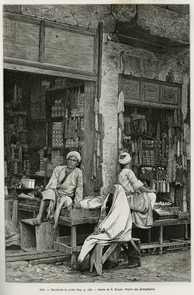 Perlenhändler in Jaffa (Israel). Gravur von E. Ronjat zur Illustration von La Syria d