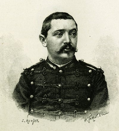 Porträt von Kapitän Pietri, der Marineartillerie, während der Expedition nach Afrika 1879-1882, unter dem Kommando von Gallieni. Gravur von E. Ronjat, nach einem Foto, zur Illustration der Geschichte „Exploration du Haut Niger (Oberer Niger)“ (heutiges Mal von Etienne Antoine Eugene Ronjat