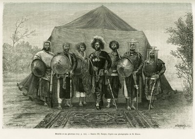Porträt von Prinz Menelik II. von Äthiopien (1844-1913), umgeben von seinen Generälen. Gravur von Ronjat, nach einem Foto, zur Illustration der Geschichte „Reise nach Choa (Südliches Abessinien)“ von Etienne Antoine Eugene Ronjat