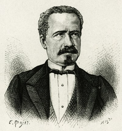 Porträt des Präsidenten von Ecuador von 1875 bis 1876, Don Antonio Borrero. Gravur von E. Ronjat, nach einem Foto, zur Illustration der Geschichte „Das Äquinoktiale Amerika“ von Etienne Antoine Eugene Ronjat