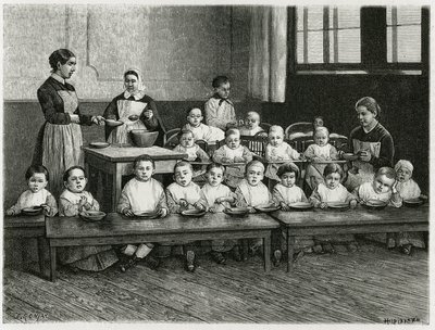 Das Kindermahl in der Kinderkrippe. Gravur von E. Ronjat zur Illustration der Geschichte „Atravers l