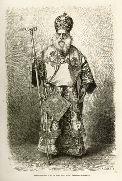 Der Metropolit der neuen Kathedrale von Athen. Gravur nach der Zeichnung von E. Ronjat, um die Reise nach Griechenland von Henri Belle in 1861-1868-1874 zu illustrieren, veröffentlicht in "Le tour du monde" 1876, herausgegeben von Edouard Charton, Hachette von Etienne Antoine Eugene Ronjat