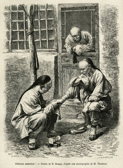 Der wandernde Fußpfleger, eine alltägliche Szene des täglichen Lebens in chinesischen Städten. Gravur nach der Zeichnung von E. Ronjat, zur Illustration der Reise nach Peking und Nordchina, von T. Choutze, 1873, veröffentlicht in „Le tour du monde“ 1876, h von Etienne Antoine Eugene Ronjat
