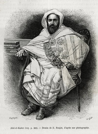 Porträt von Abd El Kader (1808-1883) algerischer Emir und Sultan, Sufi-Theologe, Politiker und militärischer Widerstandskämpfer gegen die französische Kolonialarmee, auch Schriftsteller, Dichter und Philosoph. Gravur von E. Ronjat, zur Illustration der Ges von Etienne Antoine Eugene Ronjat