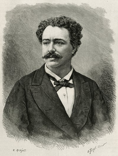 Porträt des Autors und Reisenden Edmondo de Amicis (1846-1908), italienischer Schriftsteller, Gravur von E. Ronjat, zur Illustration der Geschichte von Marokko von Edmondo de Amicis, 1875, veröffentlicht in Le tour du monde, unter der Leitung von Edouard C von Etienne Antoine Eugene Ronjat