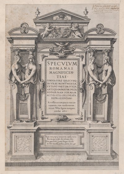 Speculum Romanae Magnificentiae: Titelseite graviert innerhalb architektonischer und skulpturaler... von Etienne Duperac