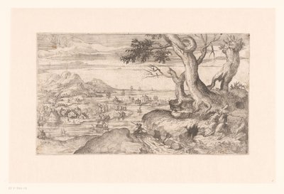 Landschaft mit weiblichem Satyr, der ein Satyrkind füttert von Etienne Dupérac (attributed to)
