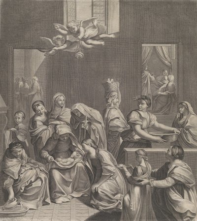 Die Geburt der Jungfrau, Frau sitzt mit einem Säugling im Schoß, umgeben von zahlreichen Frauen, 1677 von Etienne Picart