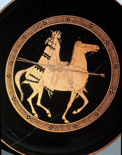 Etruskische Antike: Detail einer Kylix, die einen Reiter darstellt. Aus Falerii Veteres (Civita Castellana) 5. Jahrhundert v. Chr. Rom, Museo Nazionale di Villa Giulia von Etruscan