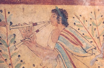Etruskische Kunst: ein Flötenspieler. Detail eines Freskos im Grab der Leoparden, in der Nekropole von Monterozzi, Italien, Anfang des 5. Jahrhunderts v. Chr. von Etruscan