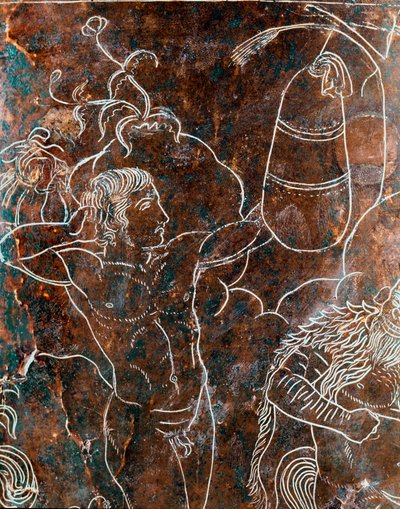 Etruskische Kunst: Detail des bronzenen Ficoroni-Cistus, das die Legende der Argonauten darstellt: ein Argonaut beim Boxtraining. Aus Preneste (Palestrina). 340 v. Chr. Museo Nazionale di Villa Giulia, Rom von Etruscan
