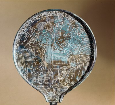 Etruskische Kunst: Rückseite eines Bronzespiegels: Aphrodite überredet Helena, Paris nach Troja zu folgen. 5. Jahrhundert v. Chr. Rom, Museo Nazionale di Villa Giulia von Etruscan