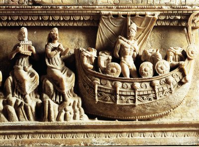 Etruskische Zivilisation, Alabasterurne, Detail des Reliefs, das Odysseus und Sirenen darstellt von Etruscan