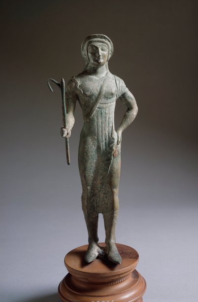 Etruskische Zivilisation: Opferfigur, Bronzeskulptur, 480 v. Chr., Dim 27 cm von Isola di Fano, Italien von Etruscan